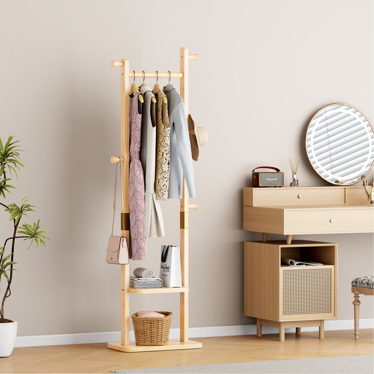 Natural Solid Wood Coat Rack, 18.9 in Wide