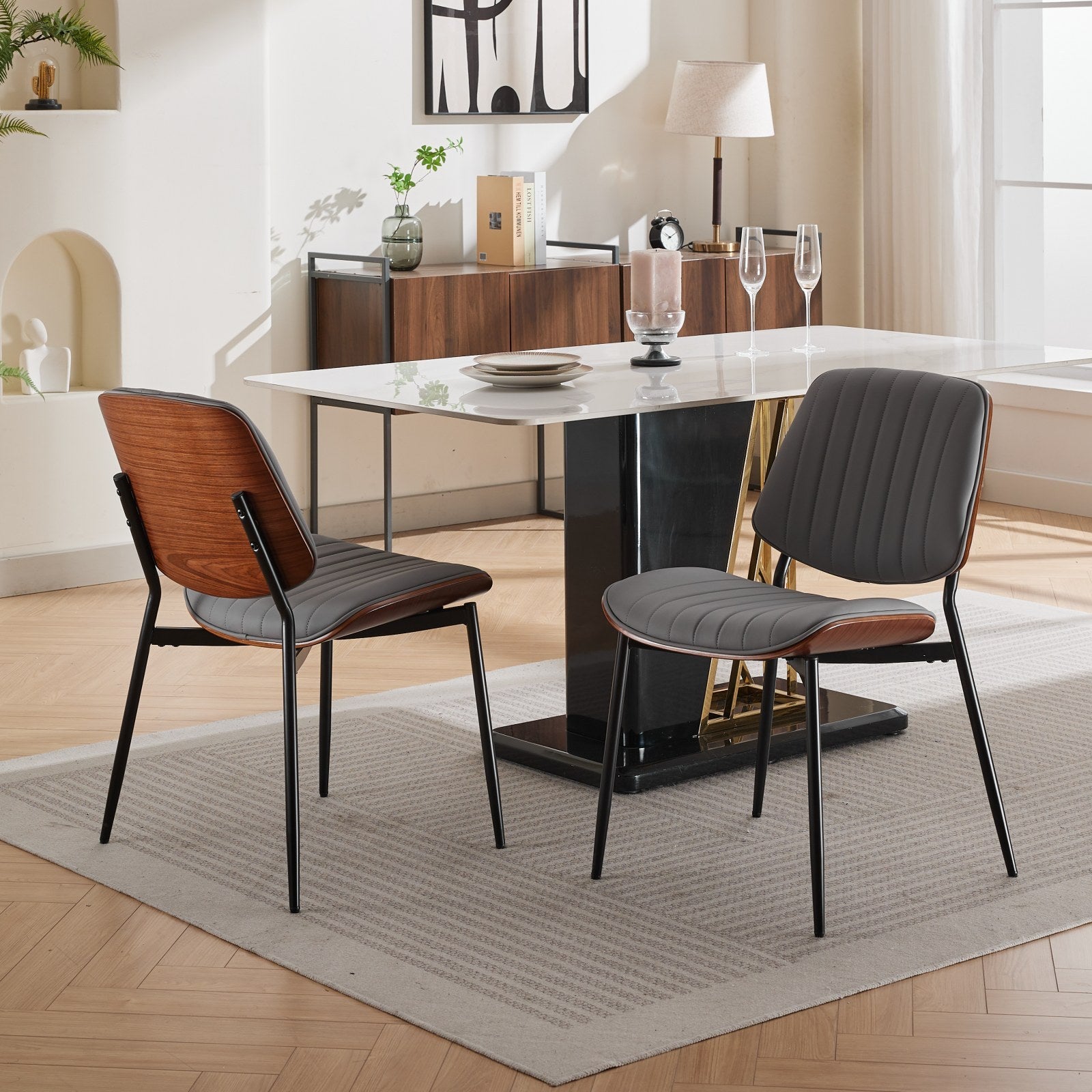 Mid-Century Dining Chairs Set of 2, Gray Vegan Leather, Walnut Back