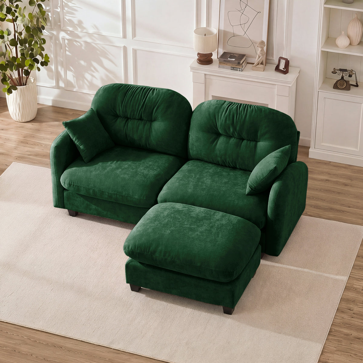Green Chenille Sectional Couch with Ottoman, Tufted Back