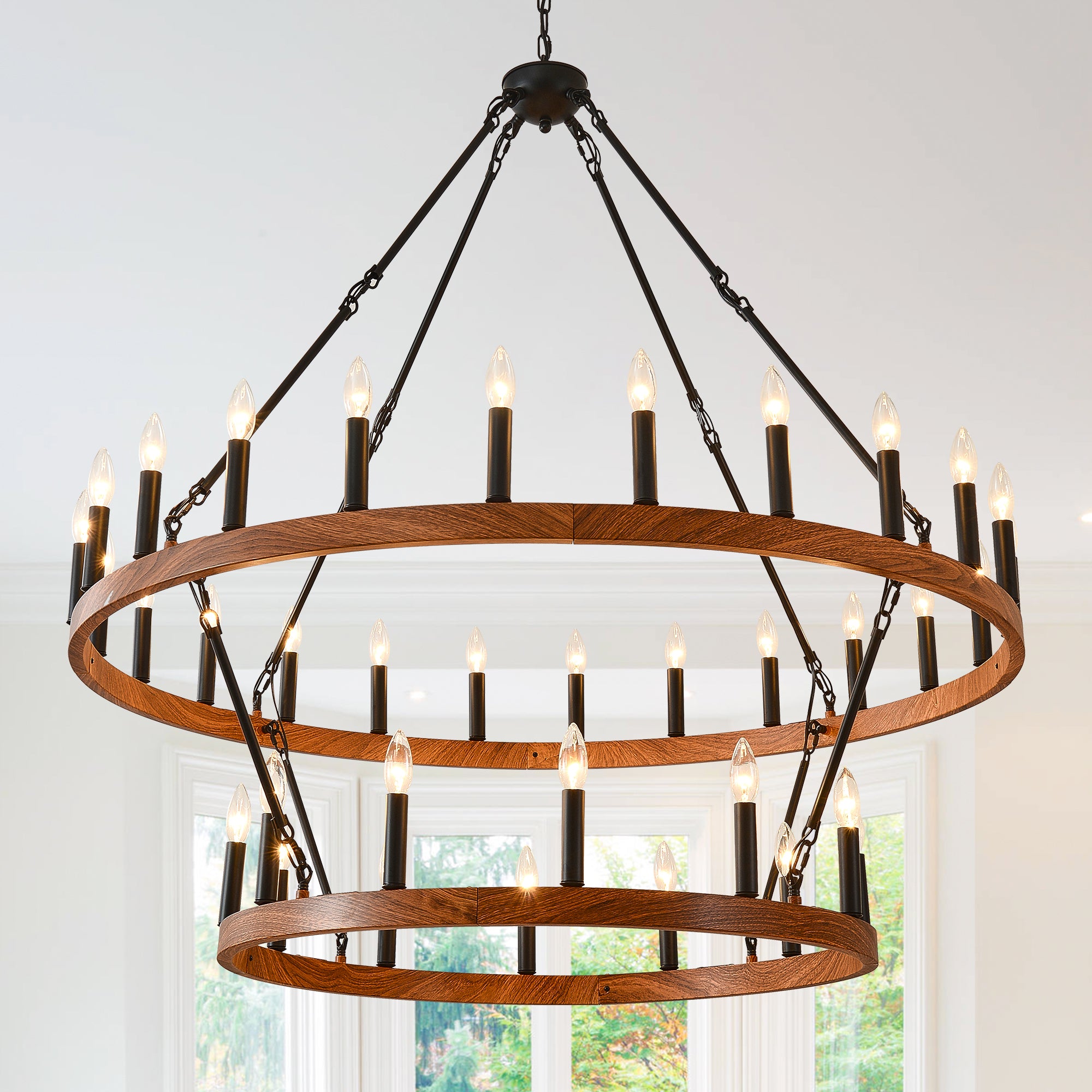 36-Light 2-Tier Wagon Wheel Chandelier, Farmhouse Iron, Wood Grain