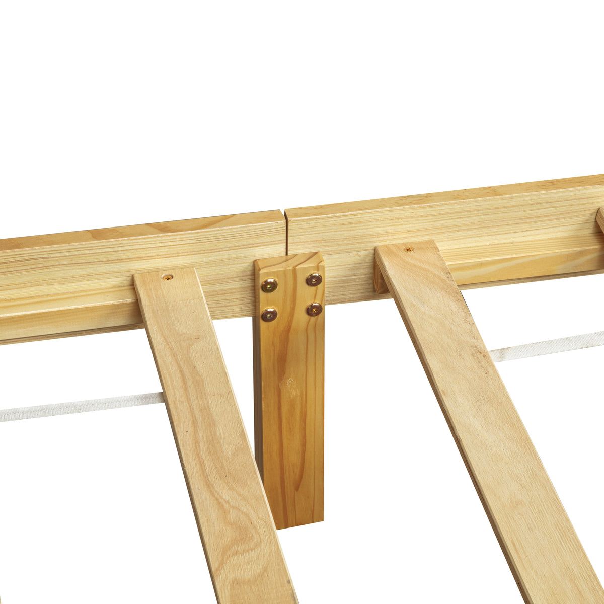 Close-up of the center support beam and hardware on the natural pine frame
