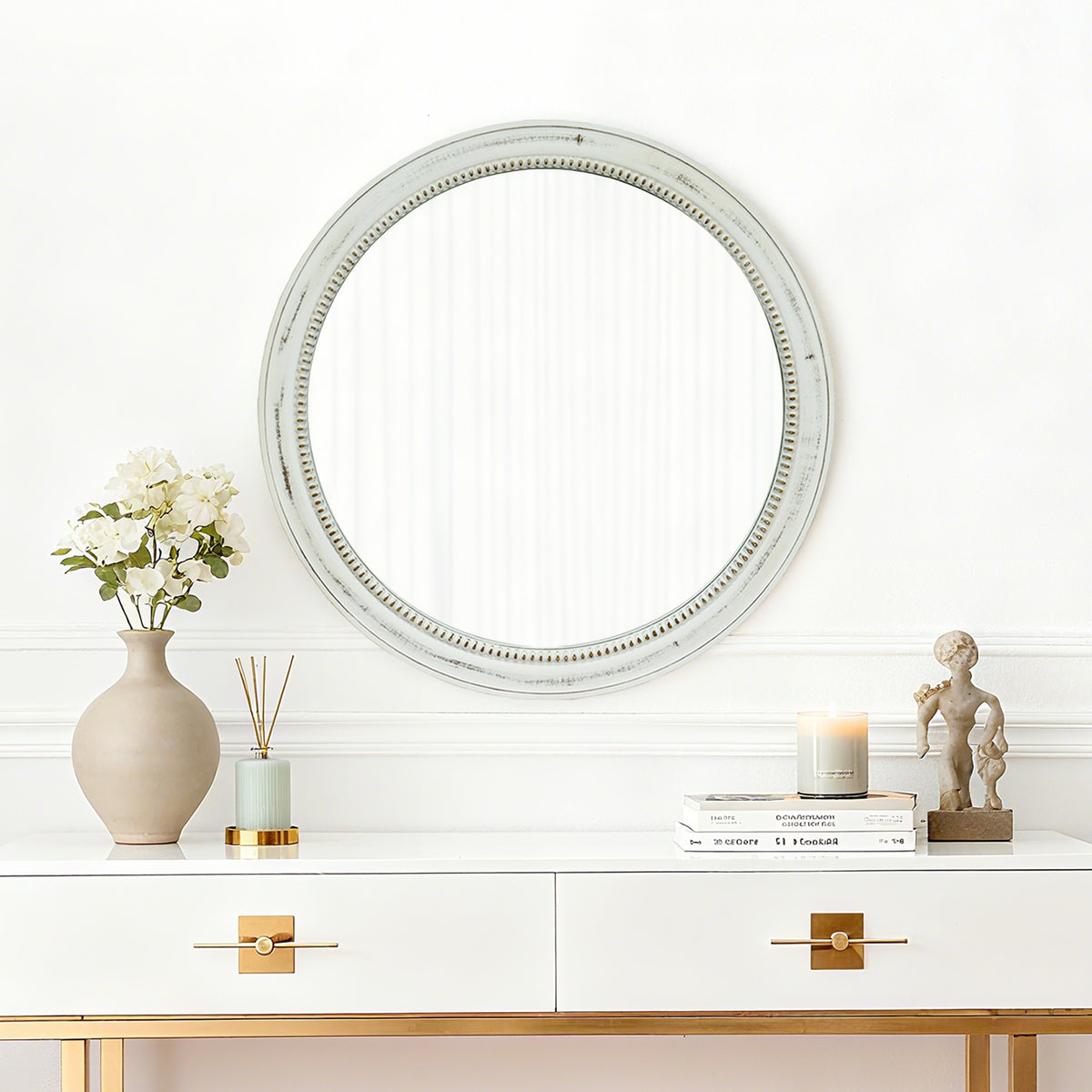 Distressed White Beaded Round Mirror, 23.62 in