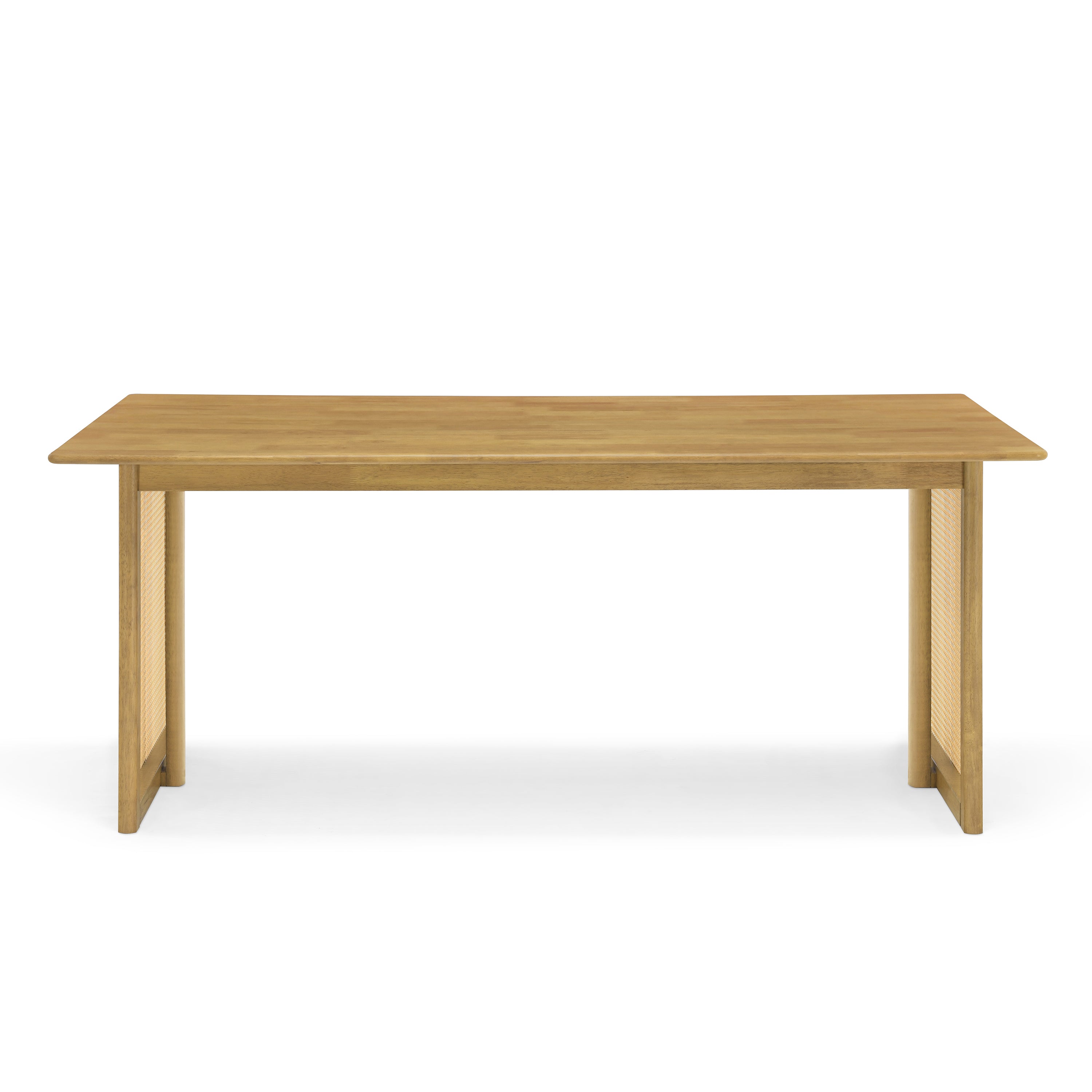 Front elevation of the natural rubberwood dining table with woven cane panel legs, white background