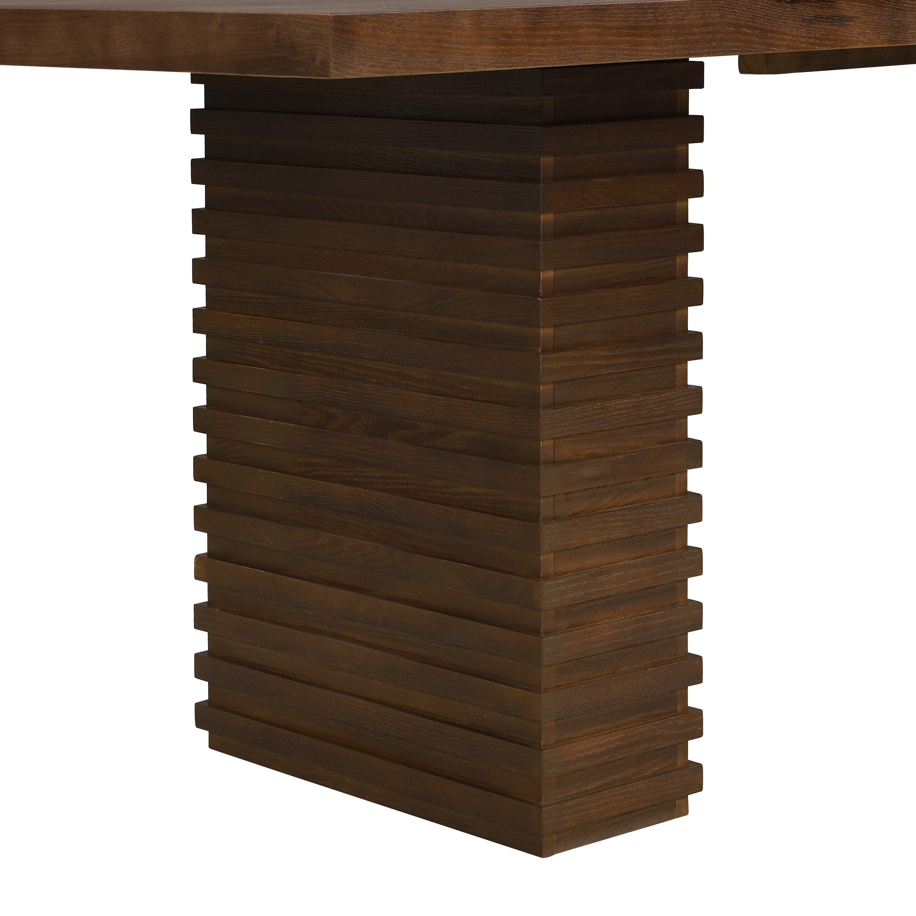 Close-up of one stacked-slat wood pedestal base supporting the walnut tabletop, white background
