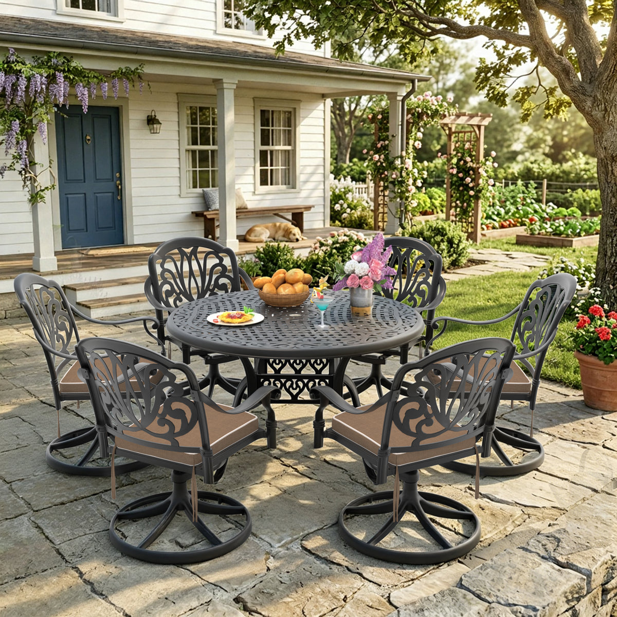 Black Aluminum 7-Piece Patio Dining Set for 6 with Cushions, Round