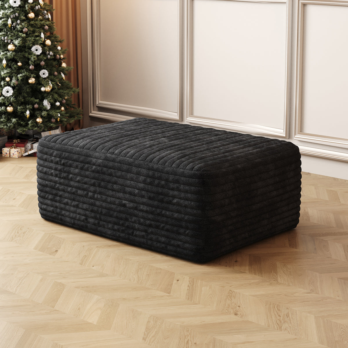 Black Corduroy Ottoman, 37.4 in