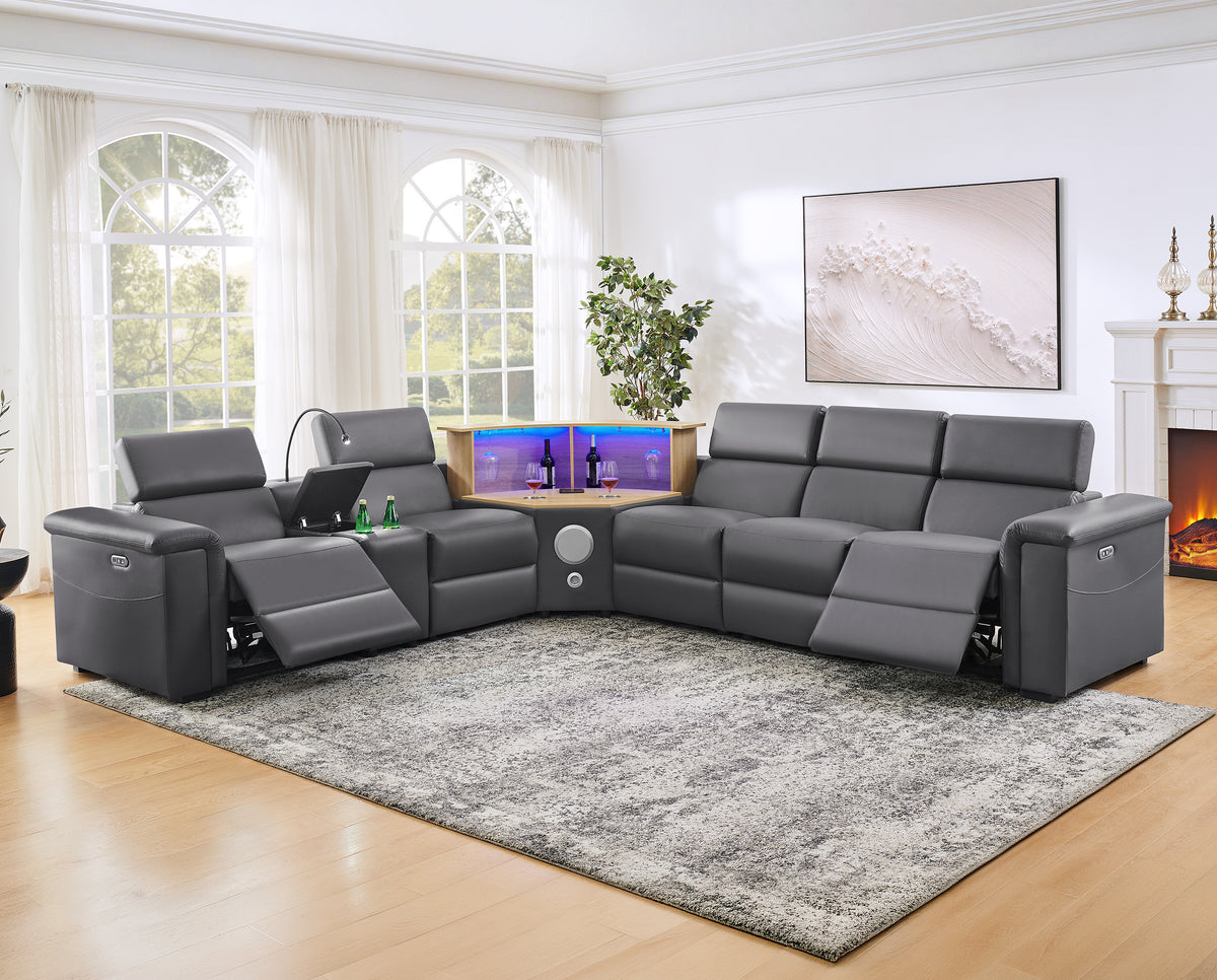 Gray Vegan Leather Power L-Shaped Reclining Sectional, 130 in Wide