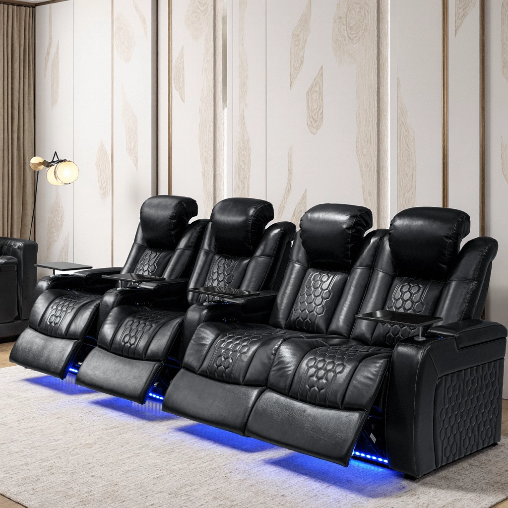 Black Top Grain Leather Power Reclining Sofa, 124.4 in Wide