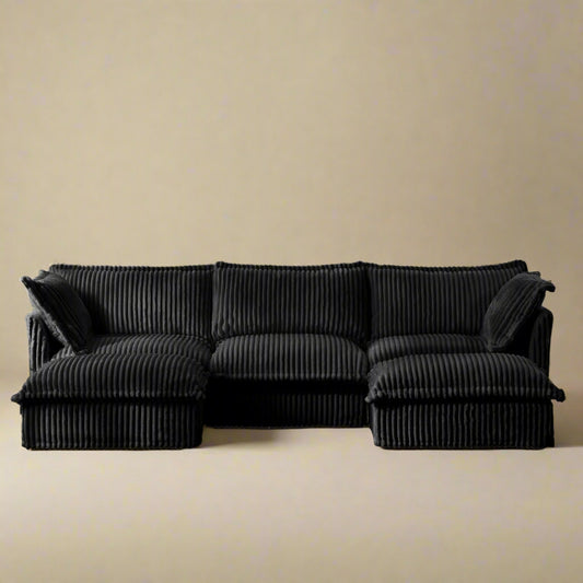 Fluffy Corduroy 3-Seat Couch – Black with 2 Ottomans, Washable
