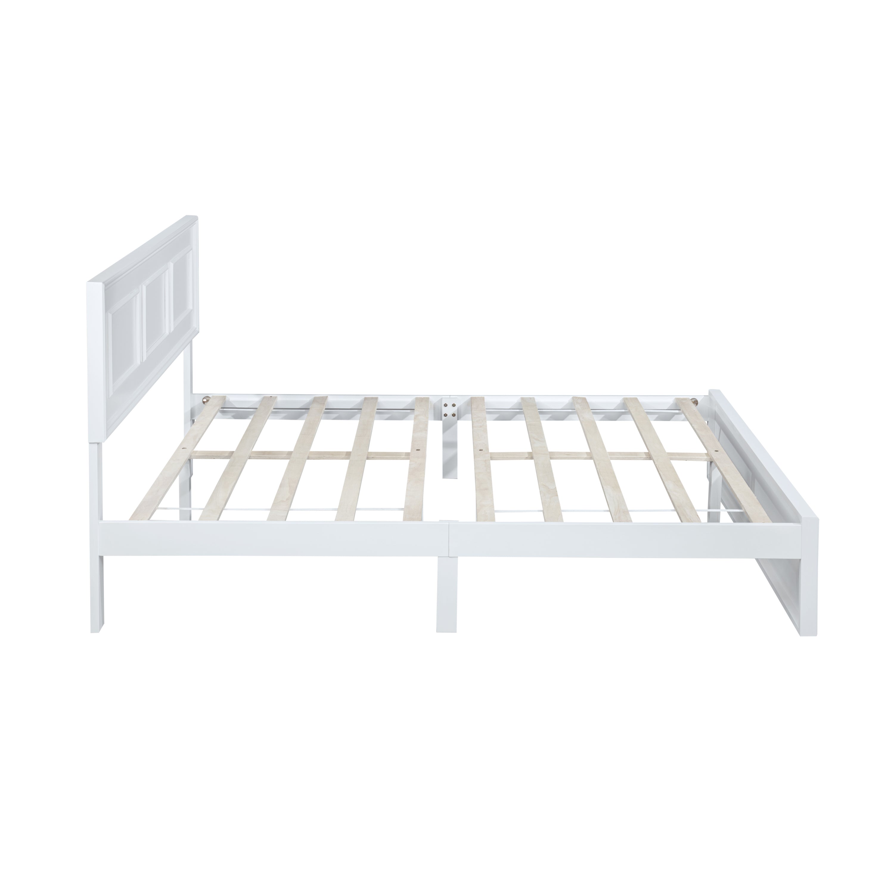 Side profile of the white queen bed frame showing the panel headboard, wood slats and center support leg #Color_White