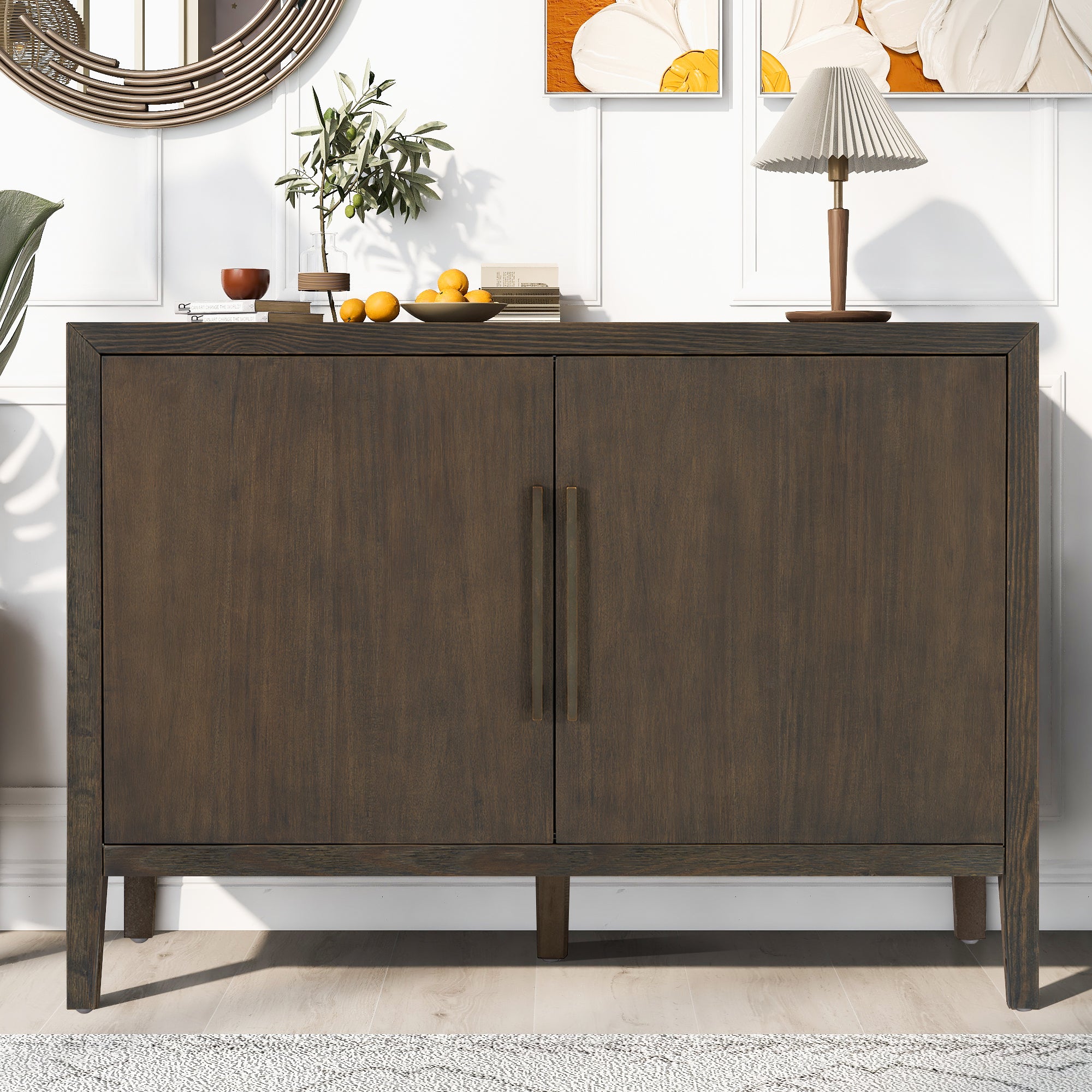 Farmhouse Sideboard Buffet Cabinet, 47in Brown 2-Door Pine