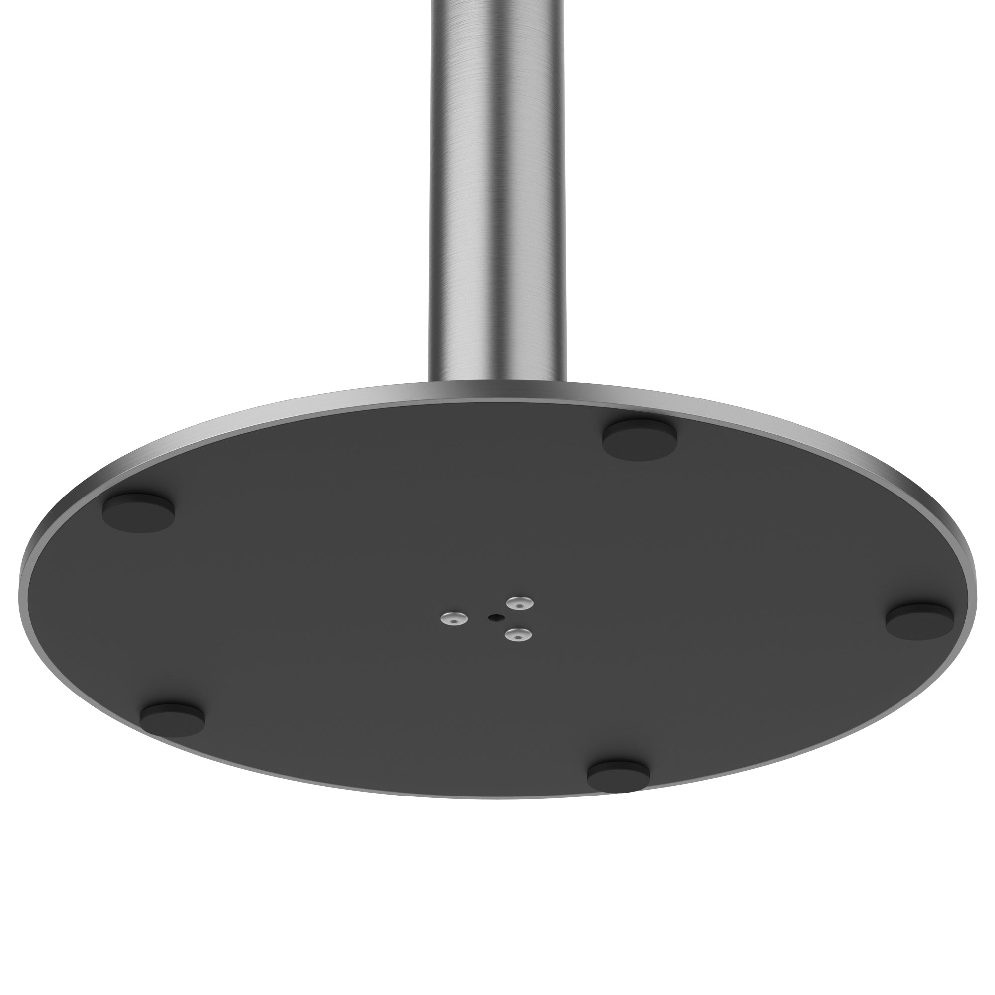 Underside view of square table base showing black mounting plate and foot pads
