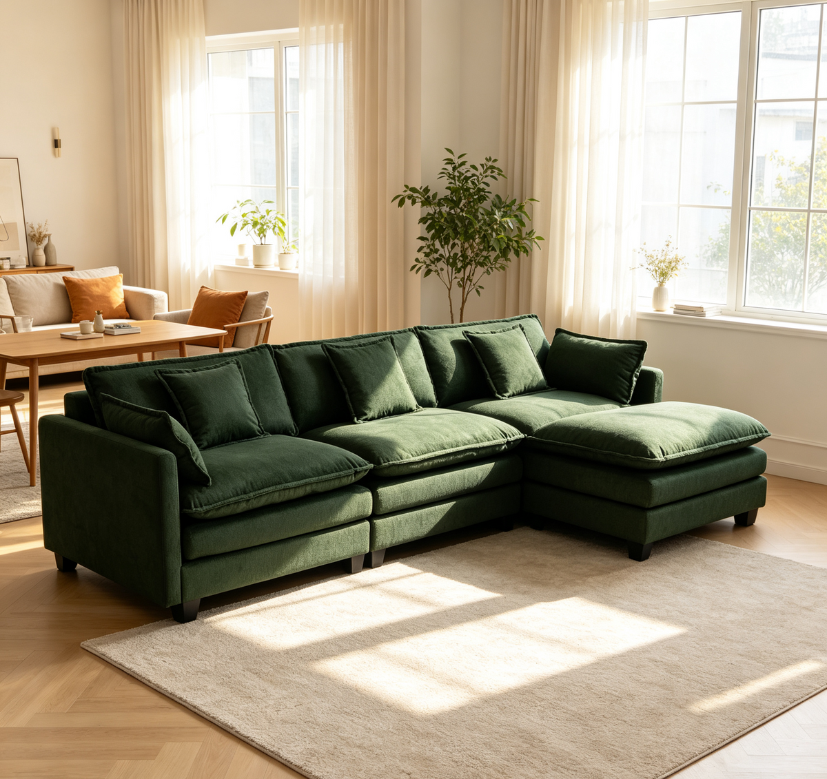 Green Chenille Modular Sectional Couch with Ottoman, 113.8 in Wide