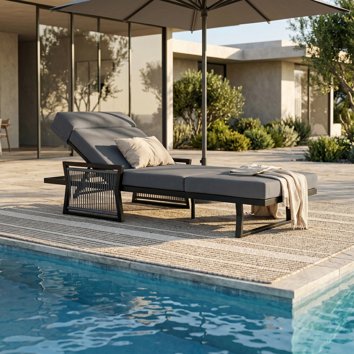 Black Metal Adjustable Outdoor Chaise Lounge, Dark Gray Cushion, 4-Fold Cushion