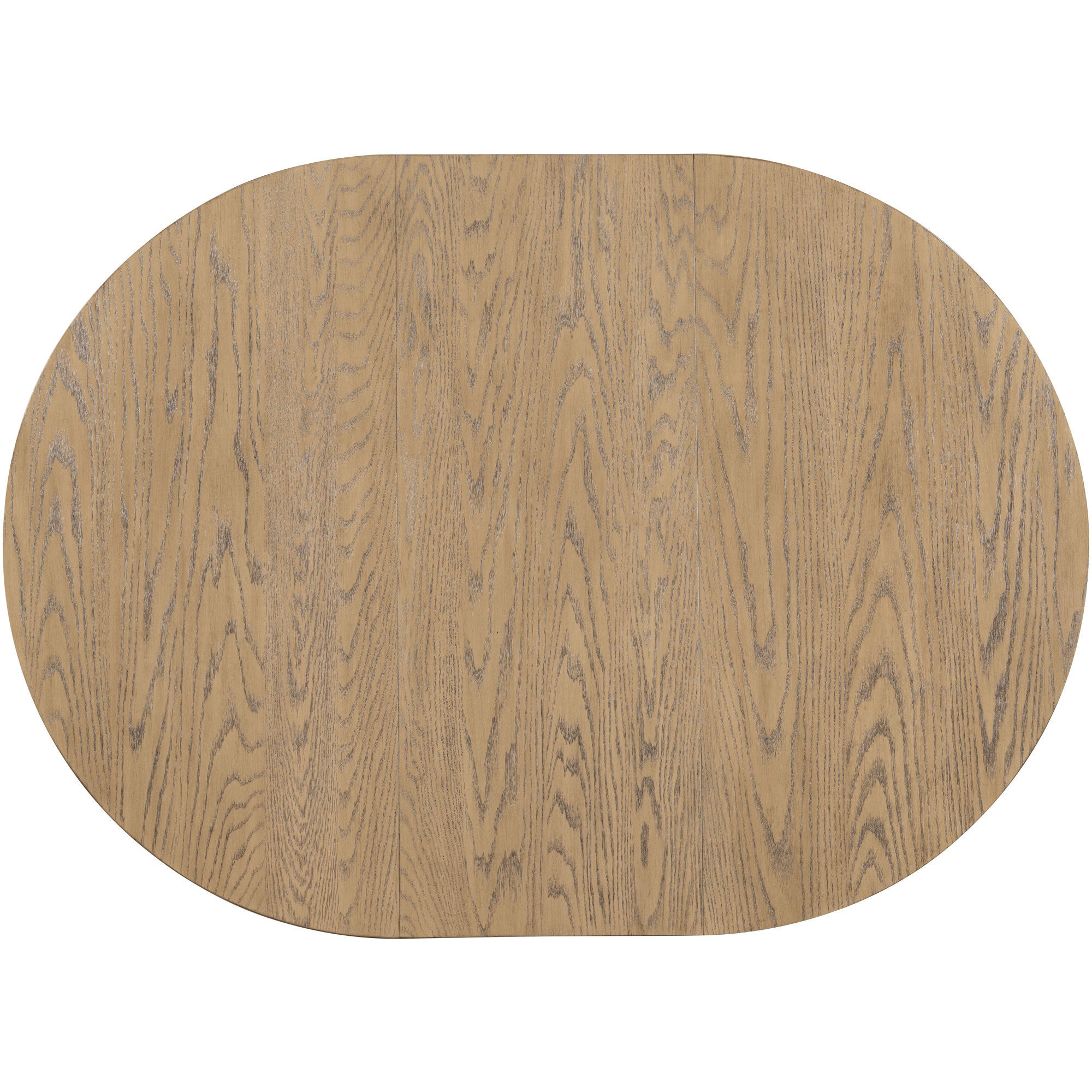 Overhead studio view of the oval-extended oak tabletop grain
