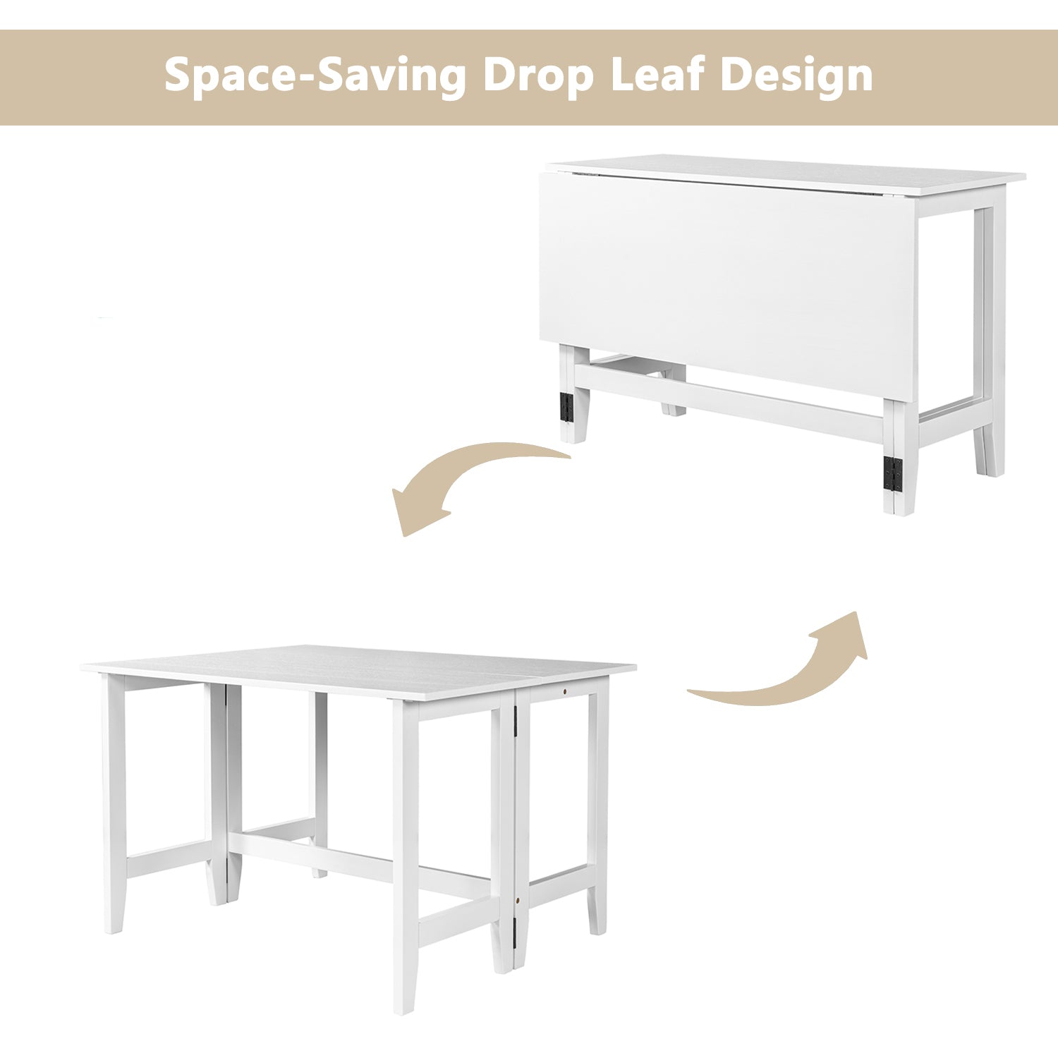 Feature graphic showing the white drop-leaf table space-saving design folded and fully open
