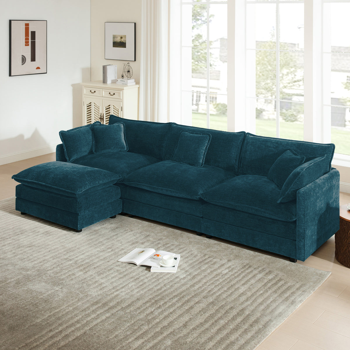Blue Chenille L-Shaped Modular Sectional with Ottoman, Track Arms