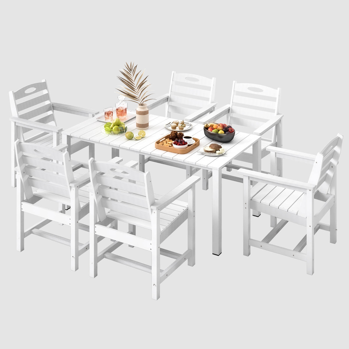White HDPE 7-Piece Patio Dining Set with Umbrella Hole