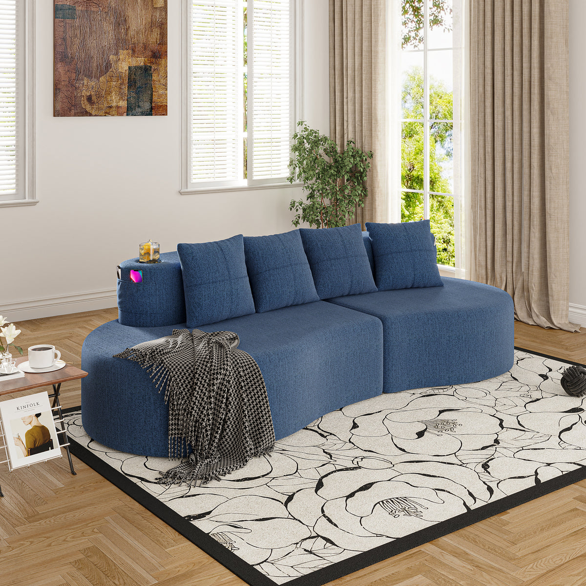 Navy Chenille Modular Sectional Couch, No Assembly, 94.5 in Wide