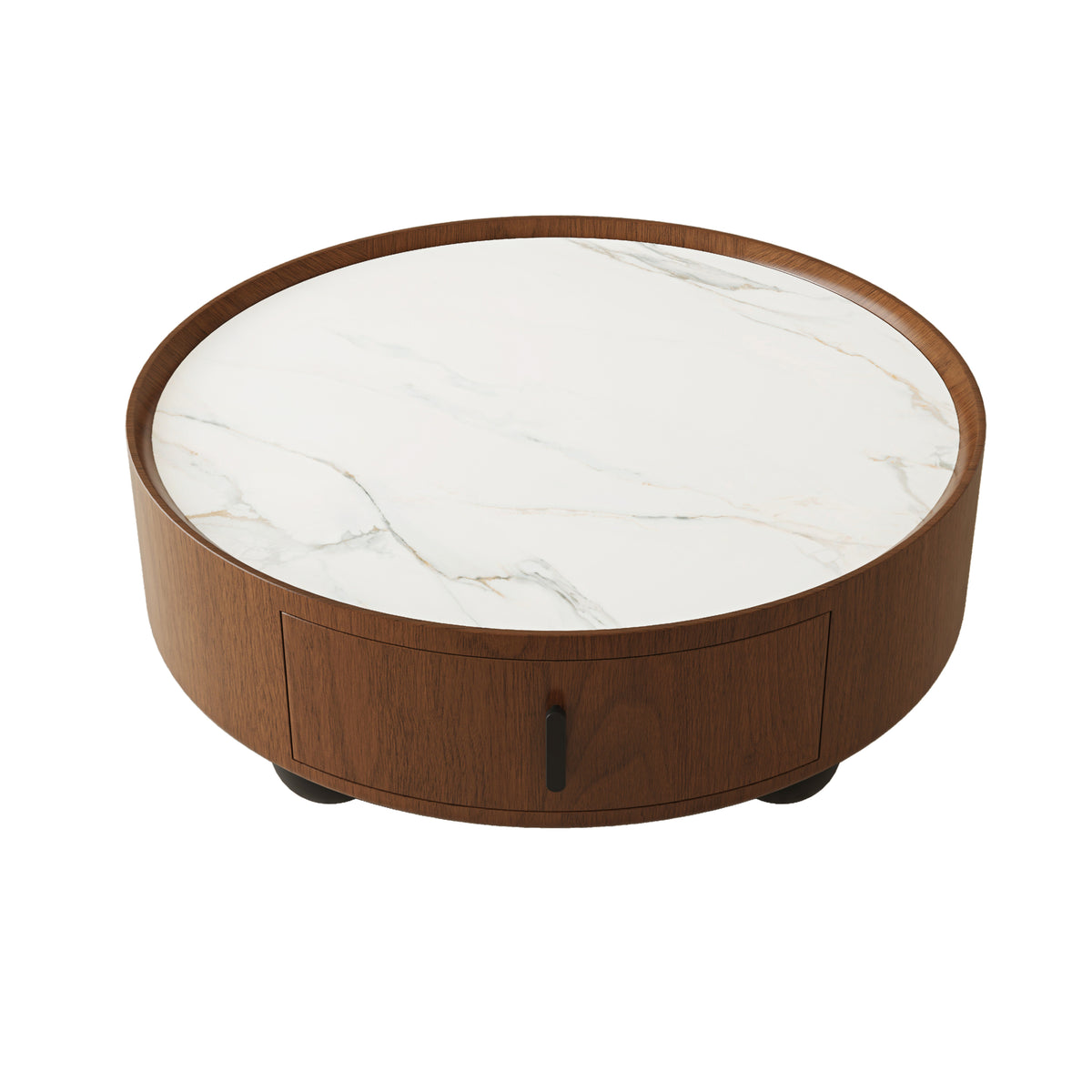Walnut Round Coffee Table with Storage, 35.4 in, Marble Look