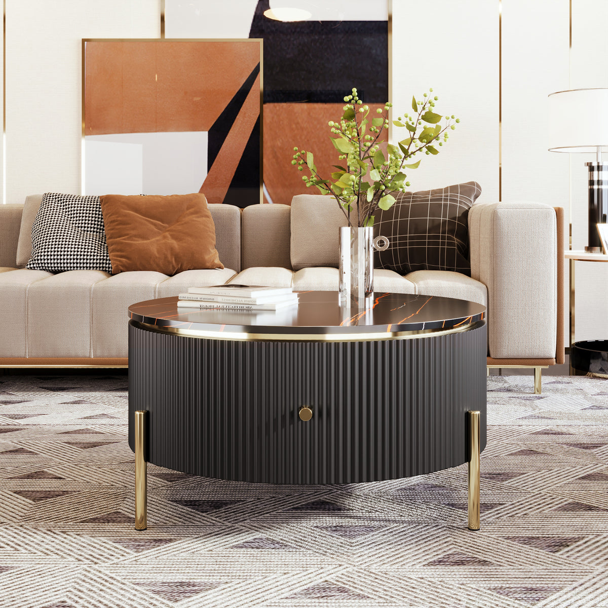 Black Round Coffee Table with Storage, 31.5 in