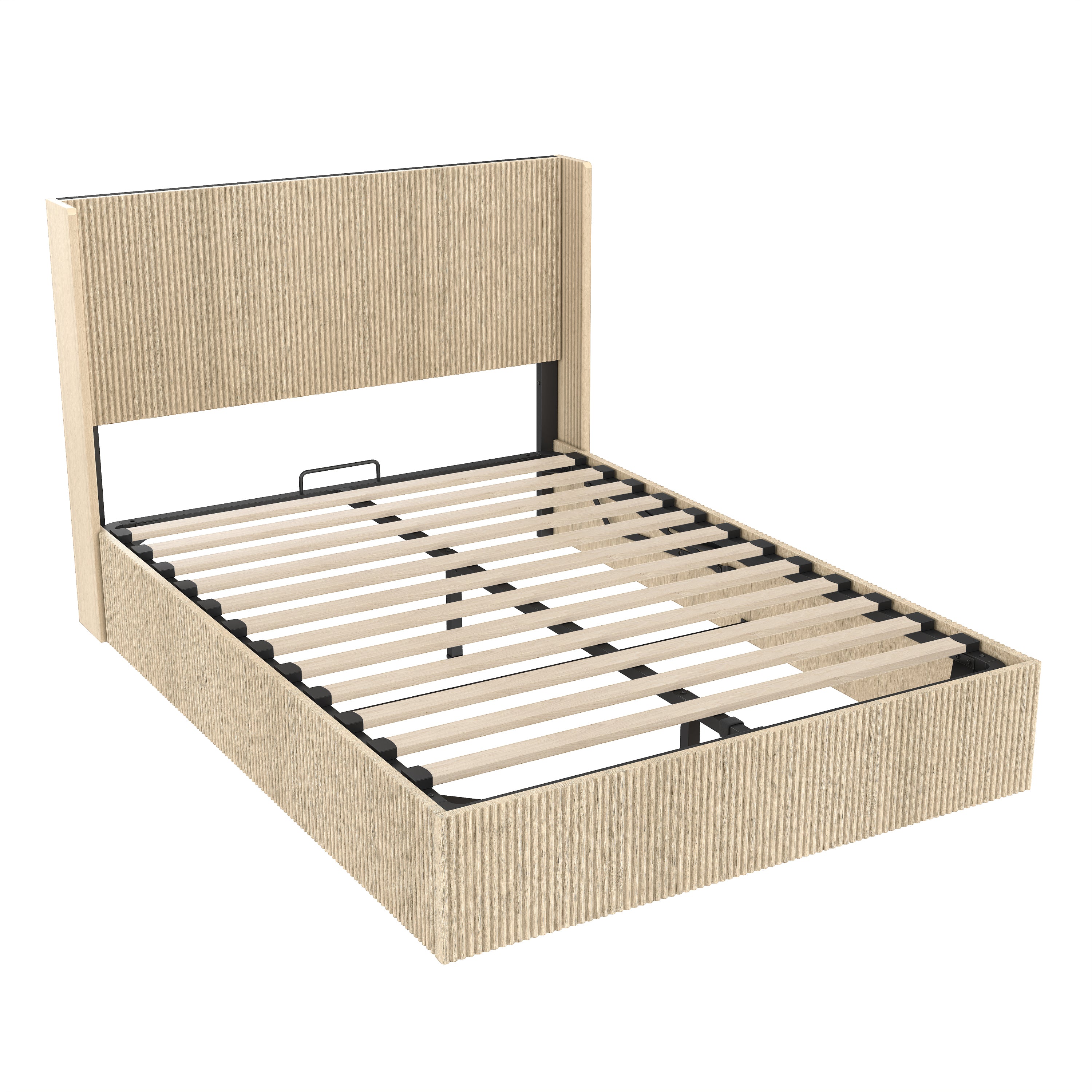 Angled bare oak storage bed frame showing wood slats, fluted footboard and side rails