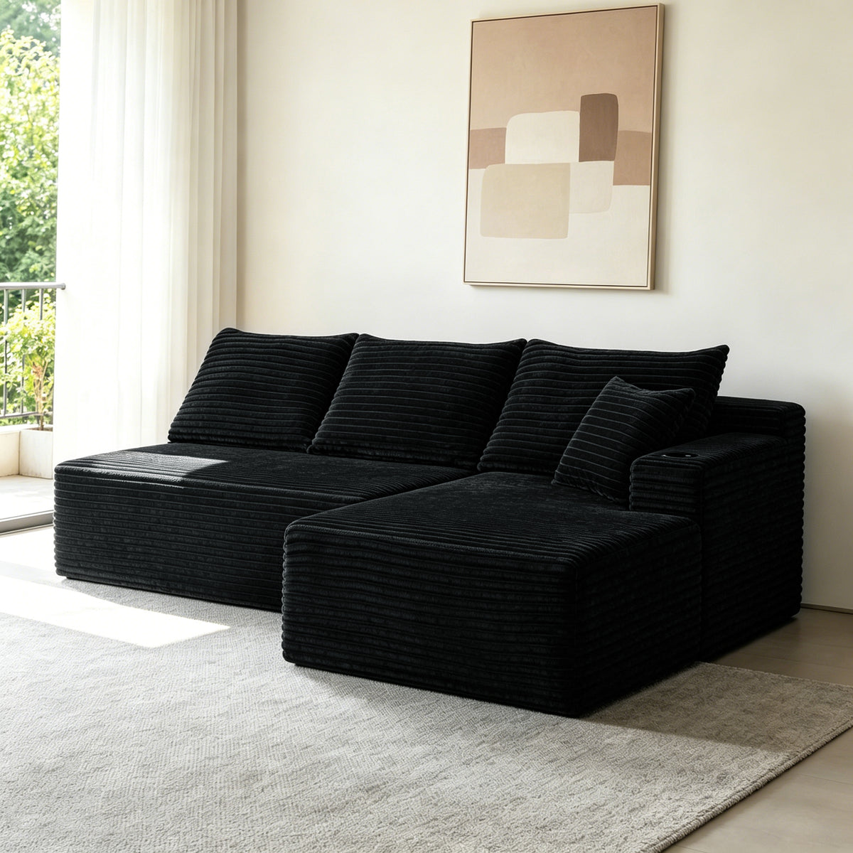Black L-Shaped Modular Sectional with Chaise, 96 in Wide, Right-Facing