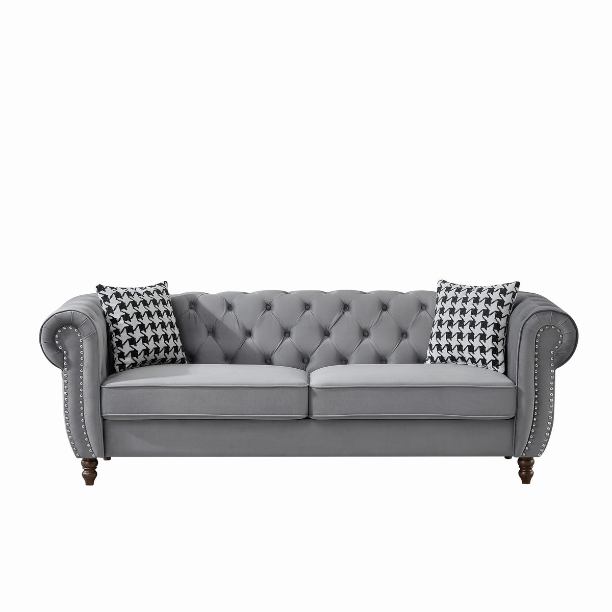 Gray Velvet 3-Seat Chesterfield Sofa, 87 in Wide