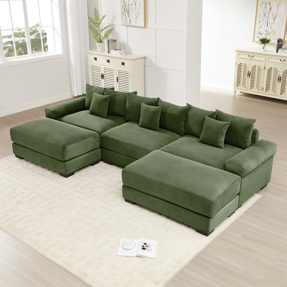 Green Corduroy Modular Sectional with 2 Ottomans, 130 in Wide