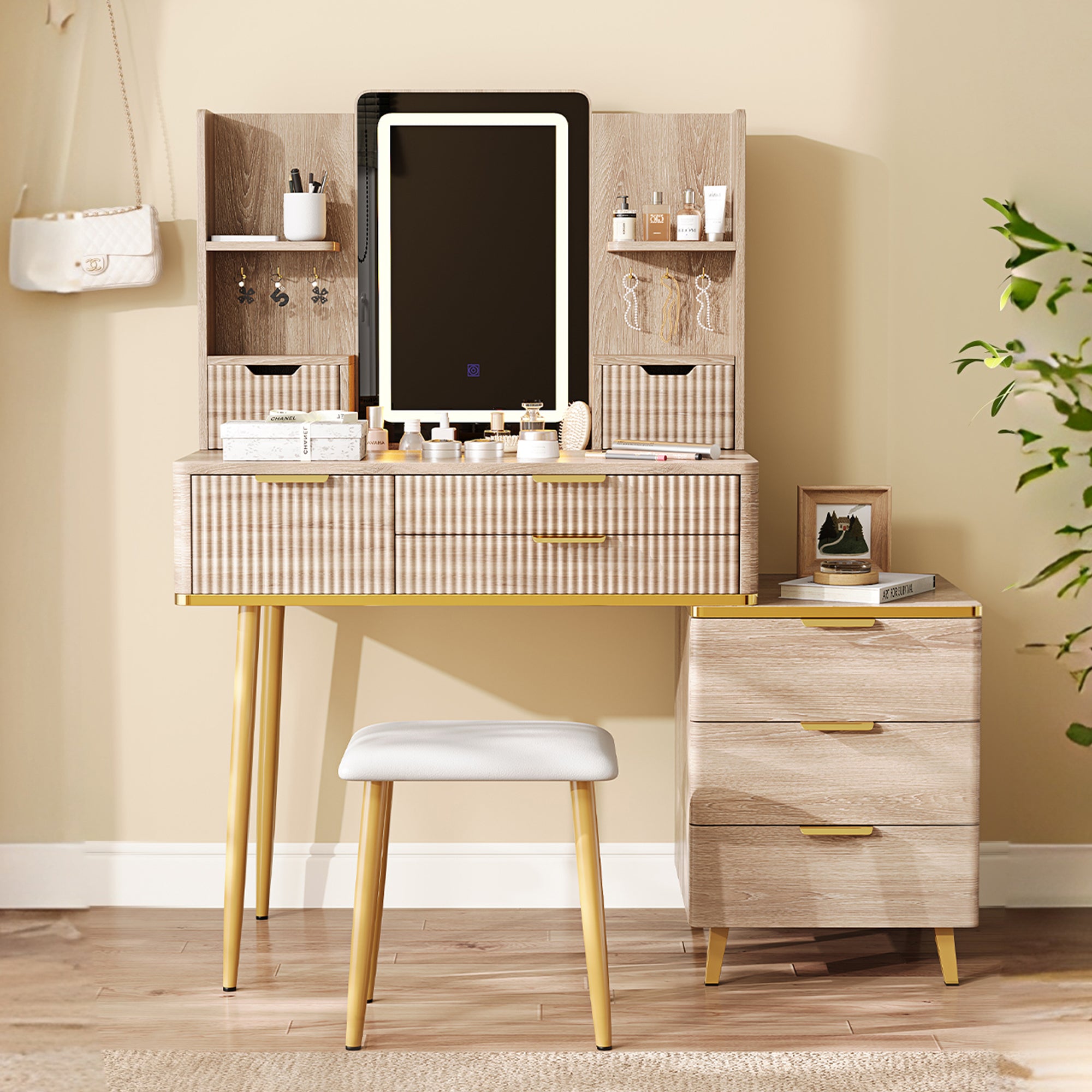 7-Drawer Vanity Desk with LED Mirror and Metal Legs