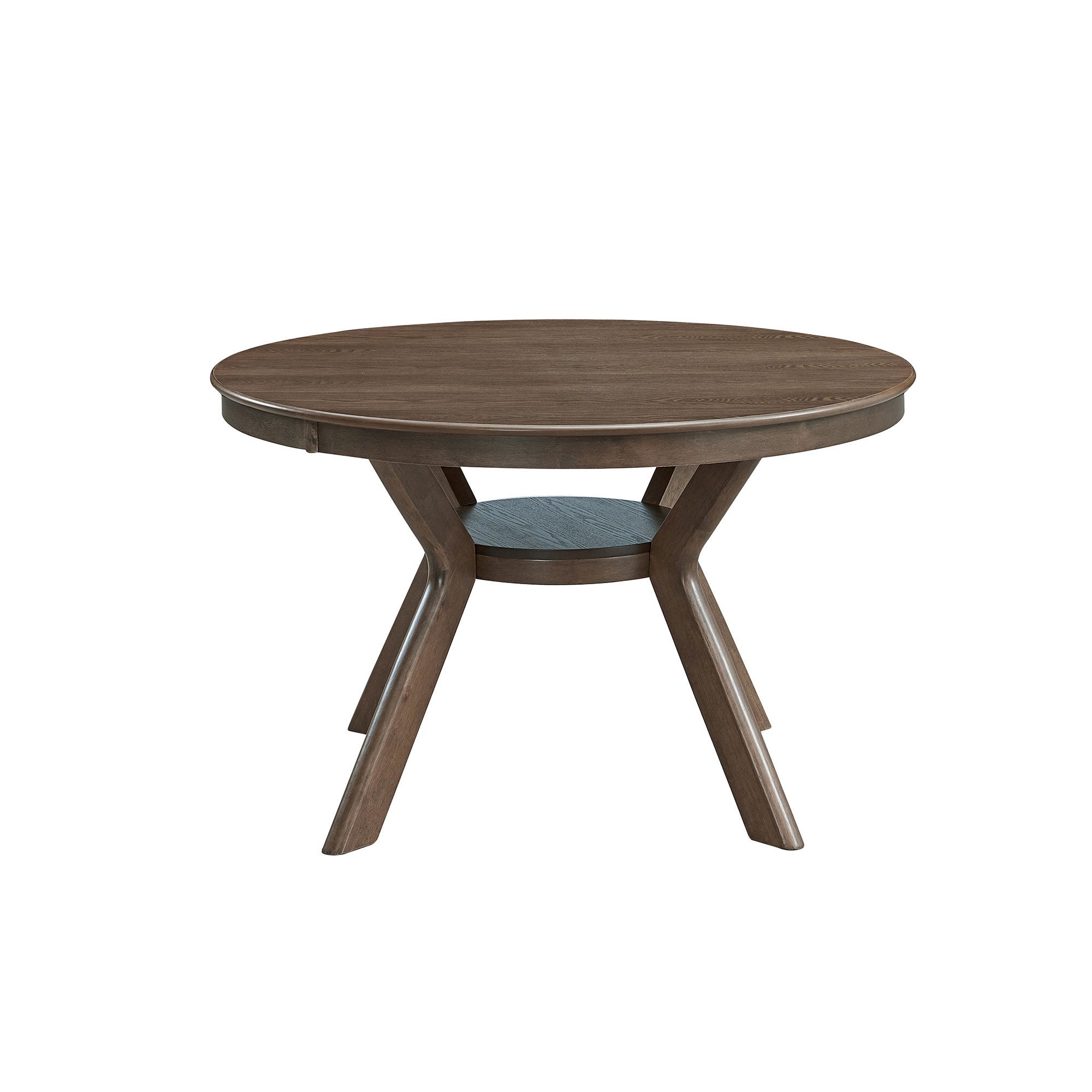 Round oak dining table alone on white, side view showing apron and X-shaped wood pedestal