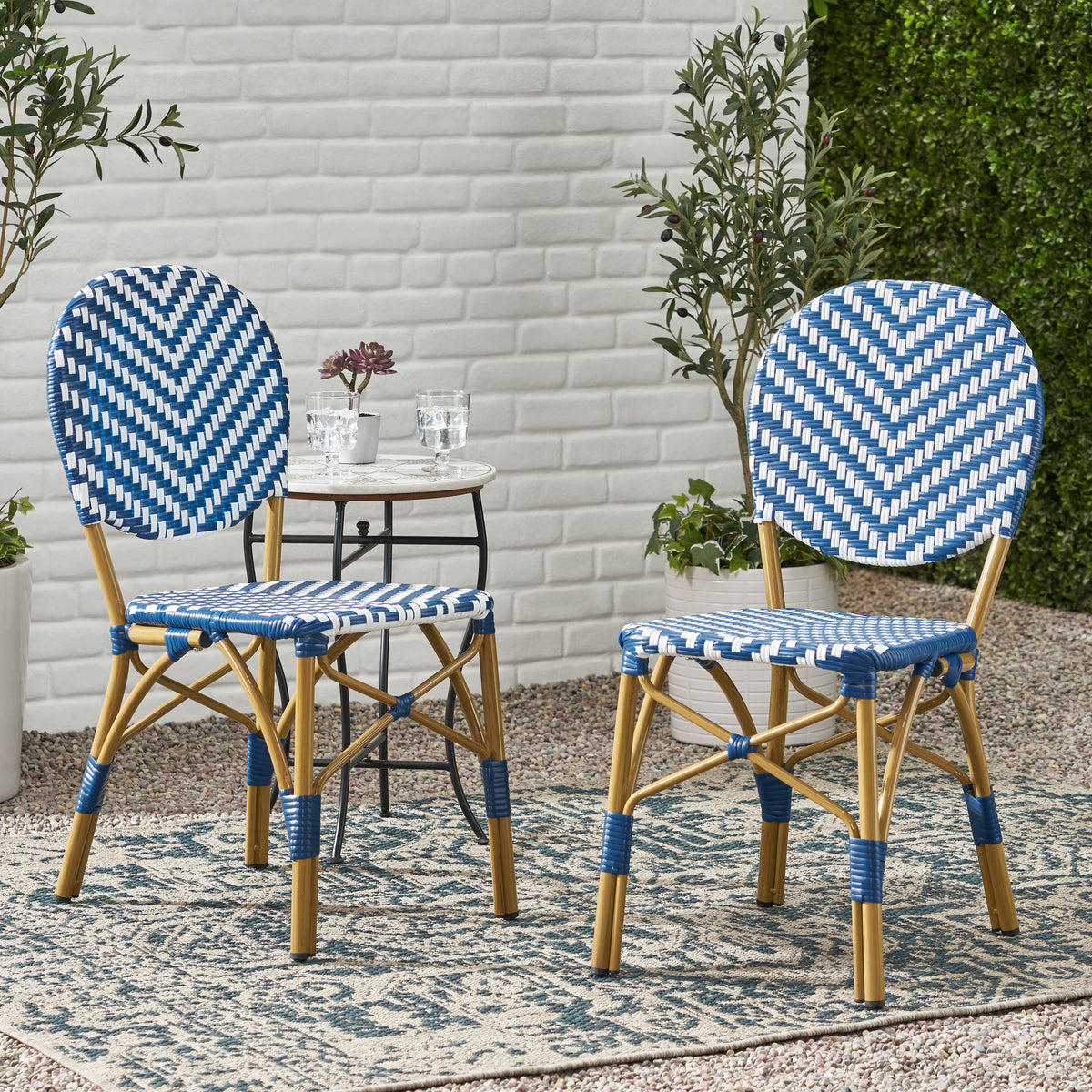 Aluminum Outdoor Dining Chair, Set of 2, 23 in Deep, Navy Blue and White