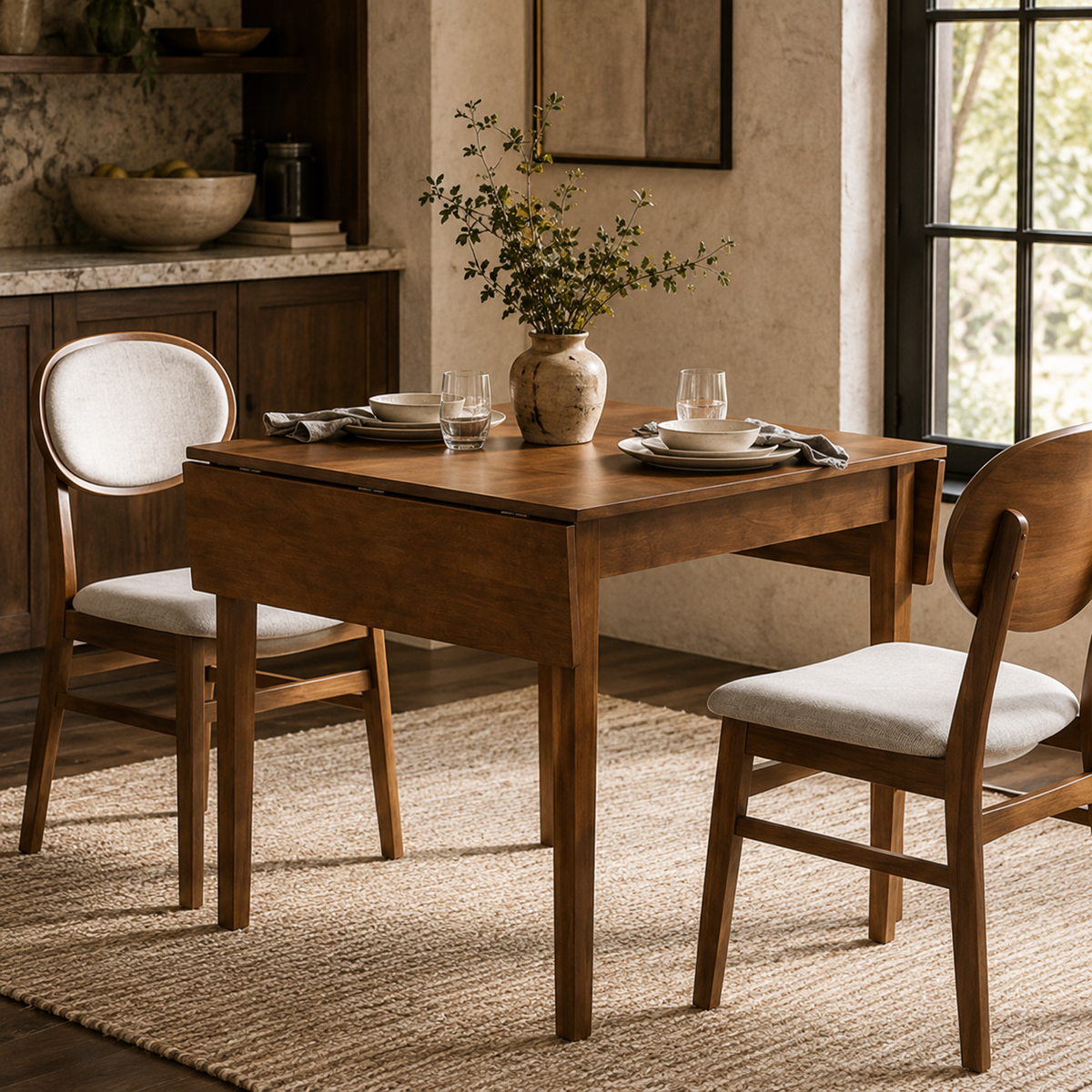 Drop-Leaf Dining Table, Walnut - Extendable Solid Wood Legs