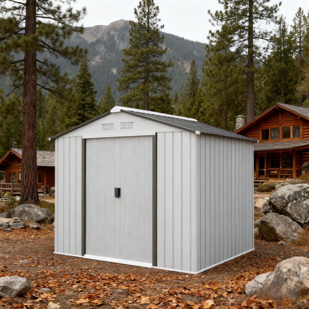 White Metal Storage Shed, with Sliding Doors, with Foundation