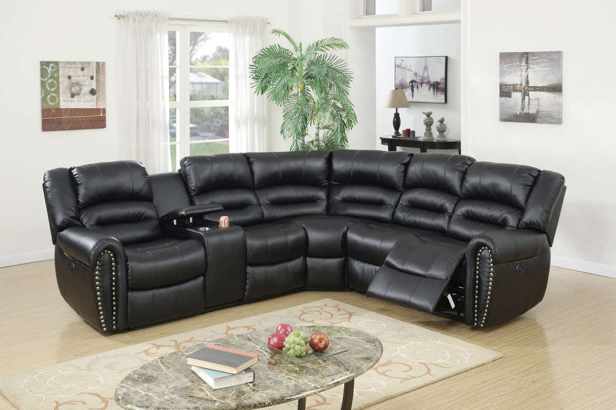Black Bonded Leather Power L-Shaped Reclining Sectional, 111 in Wide