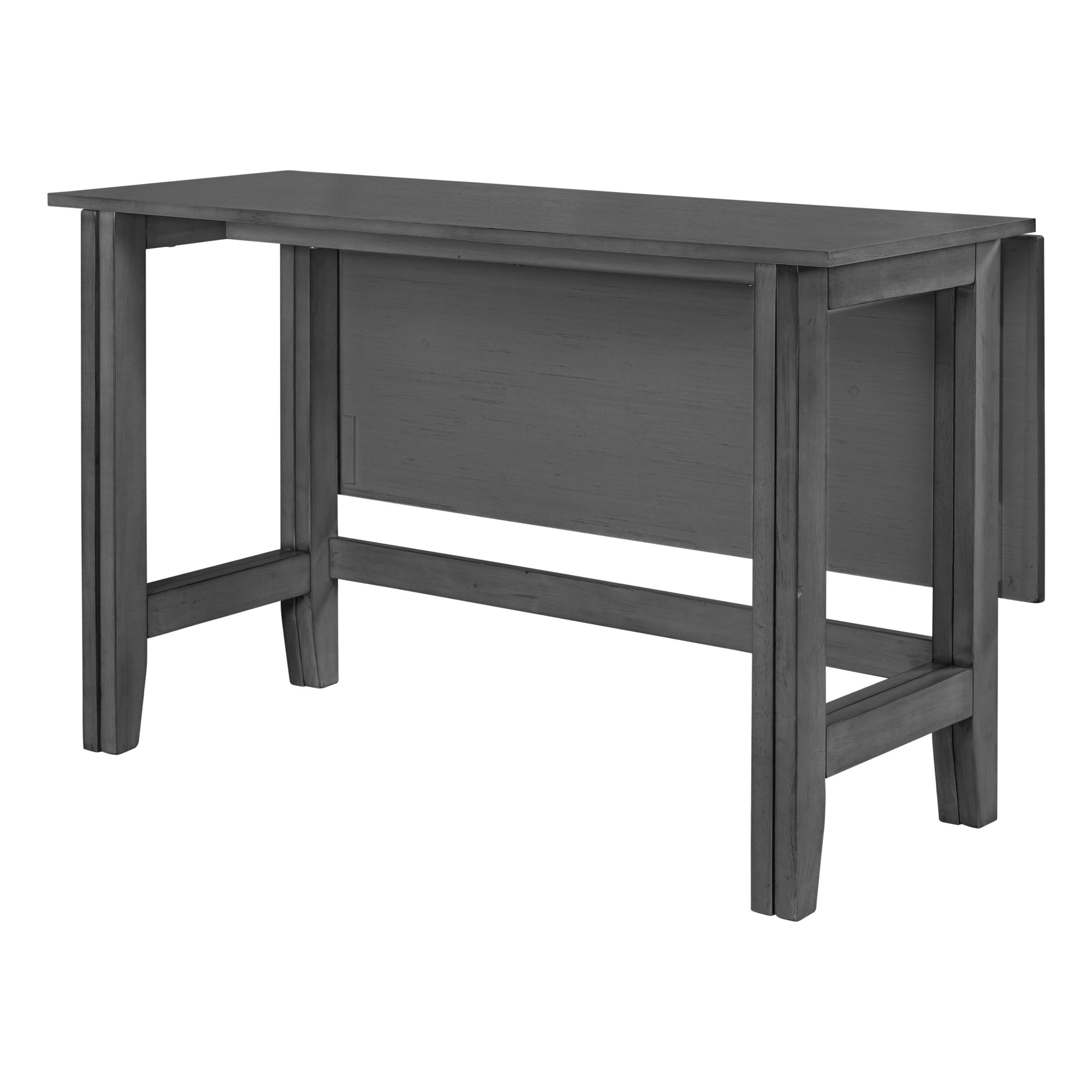 Gray drop-leaf table with one leaf folded down on a white background