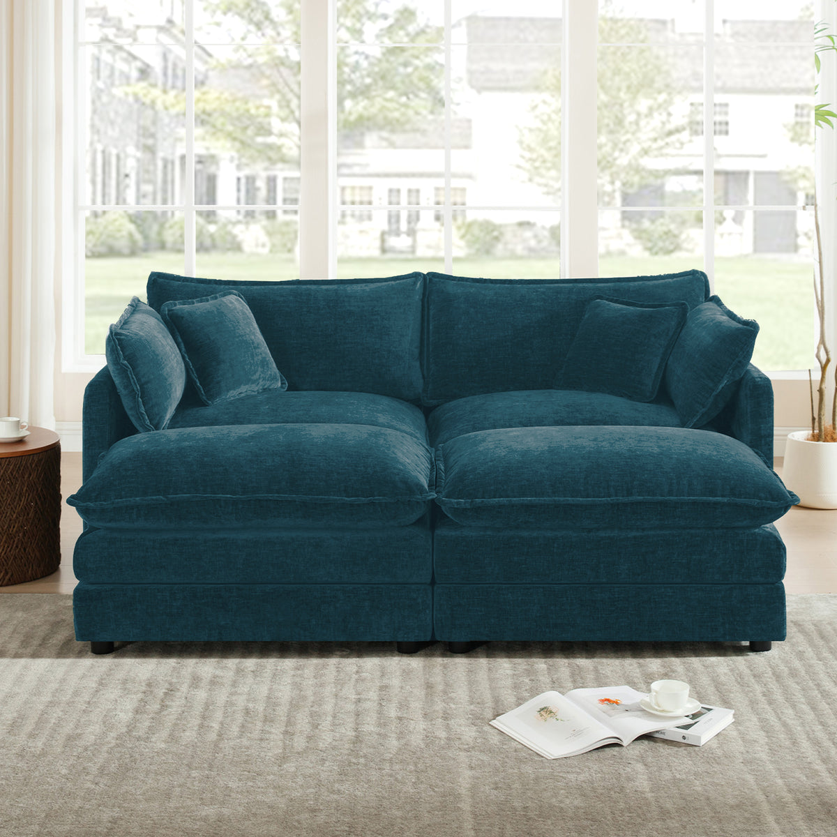 Blue Chenille Sectional with 2 Ottomans
