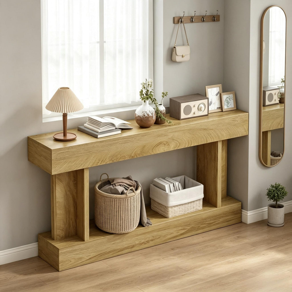 Oak Entryway Console Table, 63 in Wide