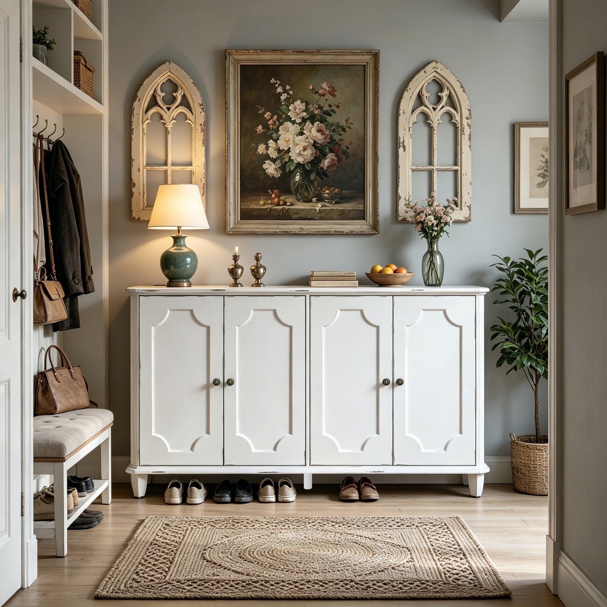 Distressed White Farmhouse Sideboard, 63 in, 4 Curved Doors