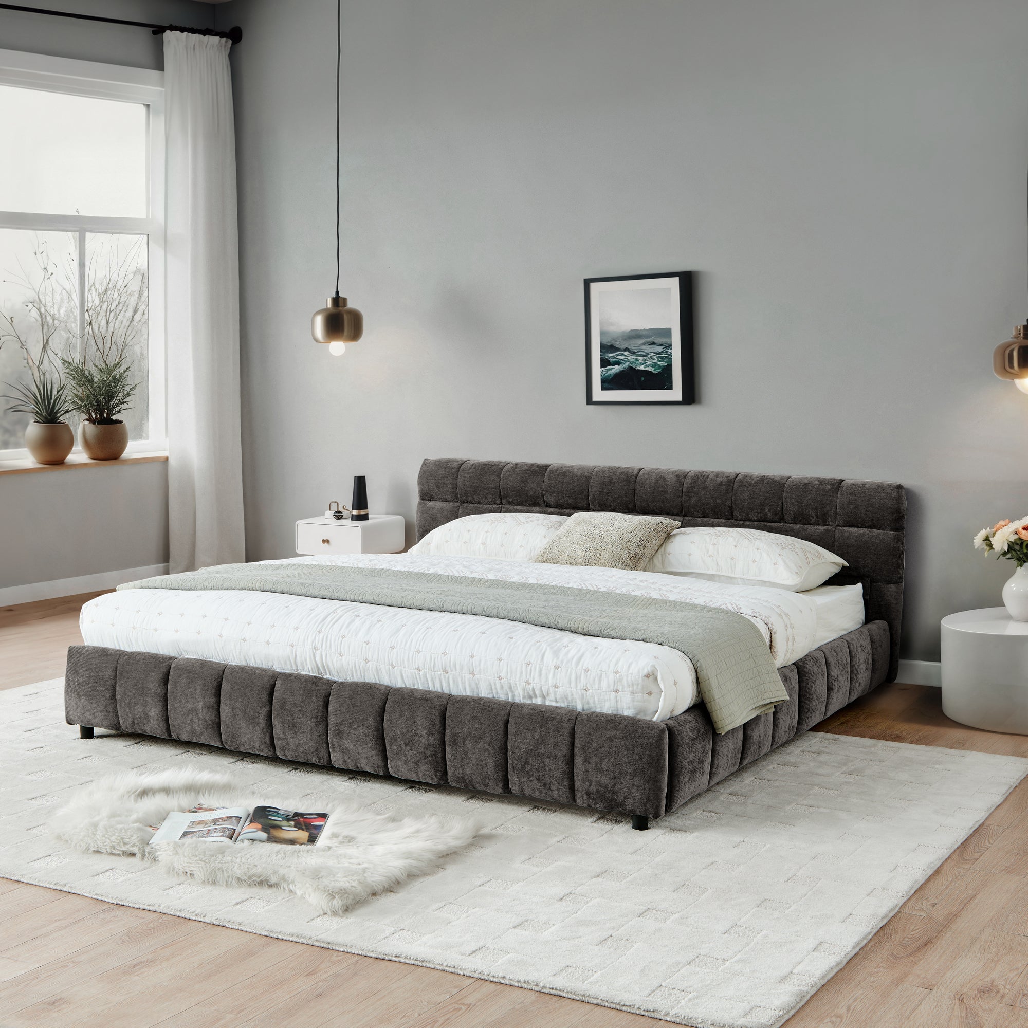 California King chenille bed frame in bright bedroom with fresh flowers