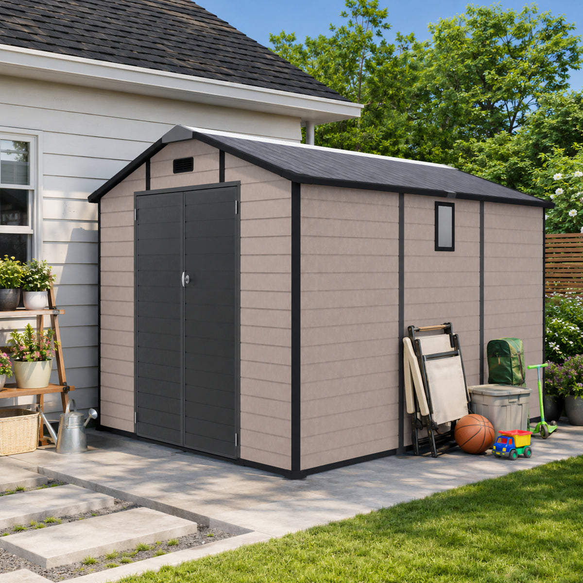 8x10 ft Champagne Resin Storage Shed with Window