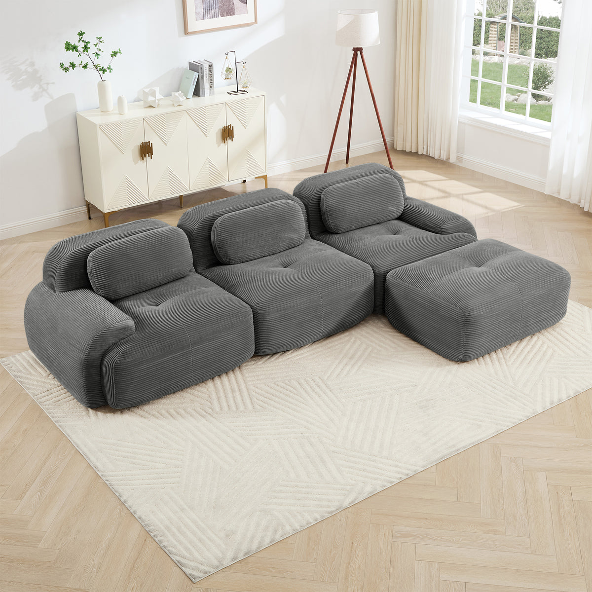 Gray Corduroy L-Shaped Modular Sectional Couch, 3-Seat