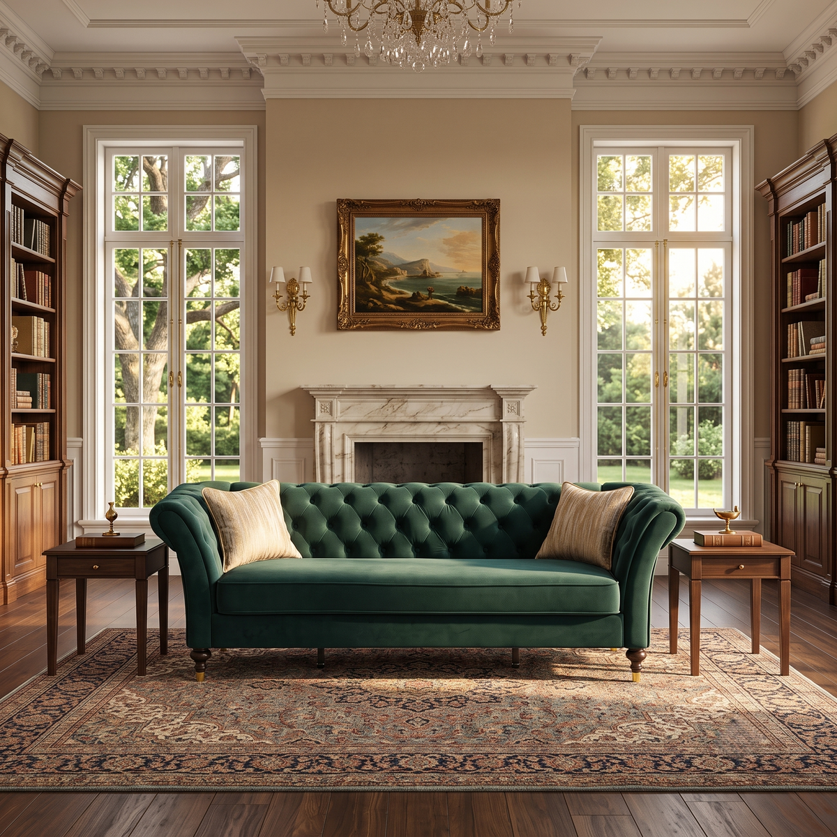 Green Velvet 3-Seat Chesterfield Sofa, 88.5 in Wide