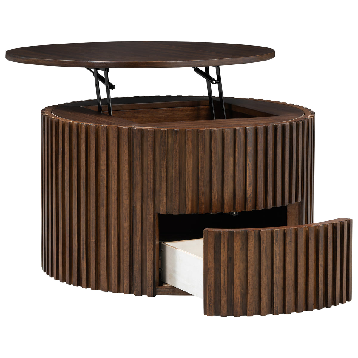 Brown Round Fluted Lift-Top Coffee Table, 29.8 in