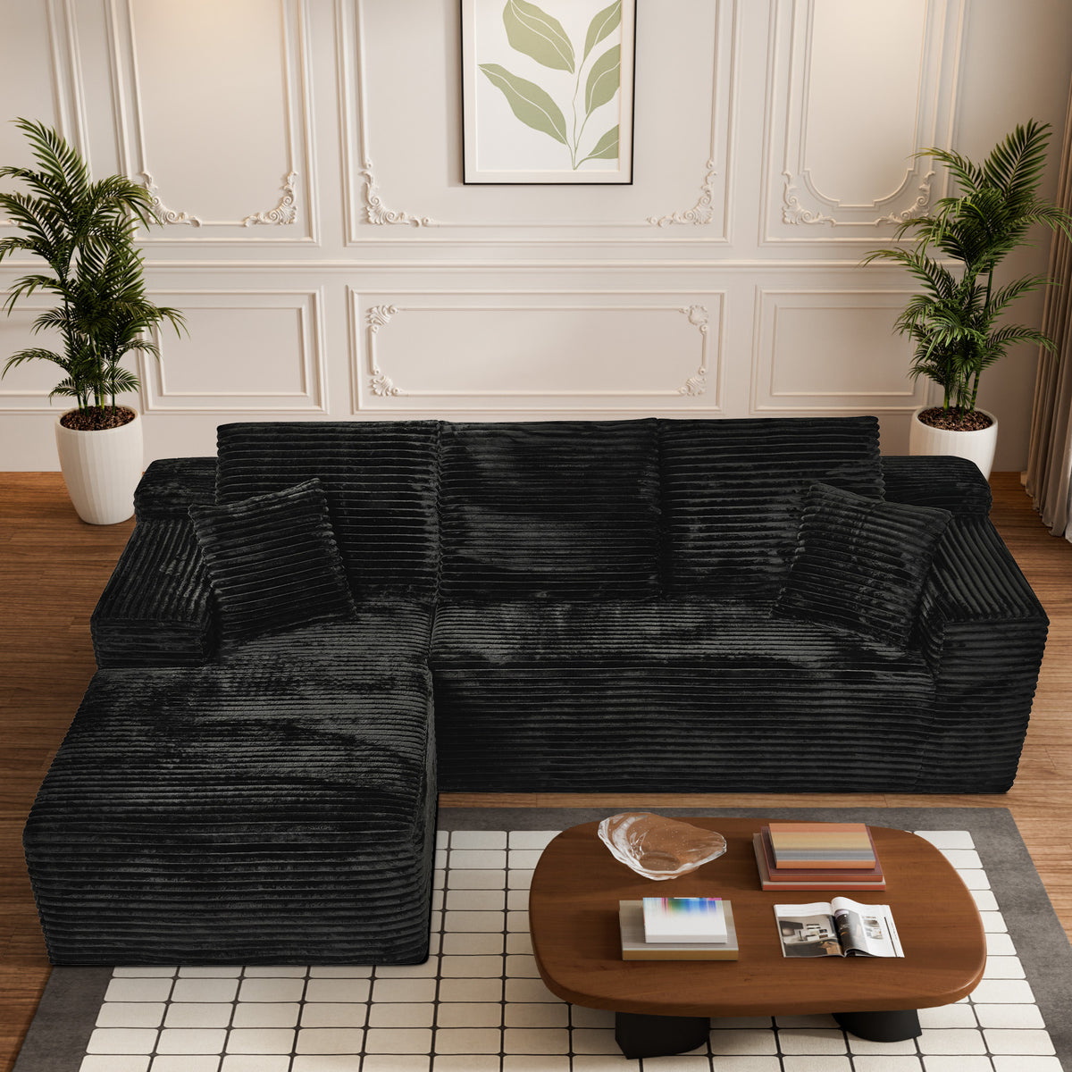 Black Corduroy L-Shaped Reclining Sectional, 107 in Wide