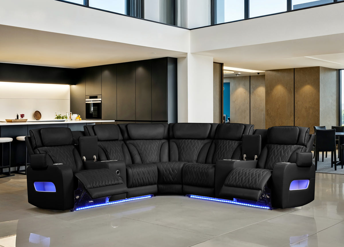 Black Vegan Leather Power Reclining Sectional, 117 in Wide