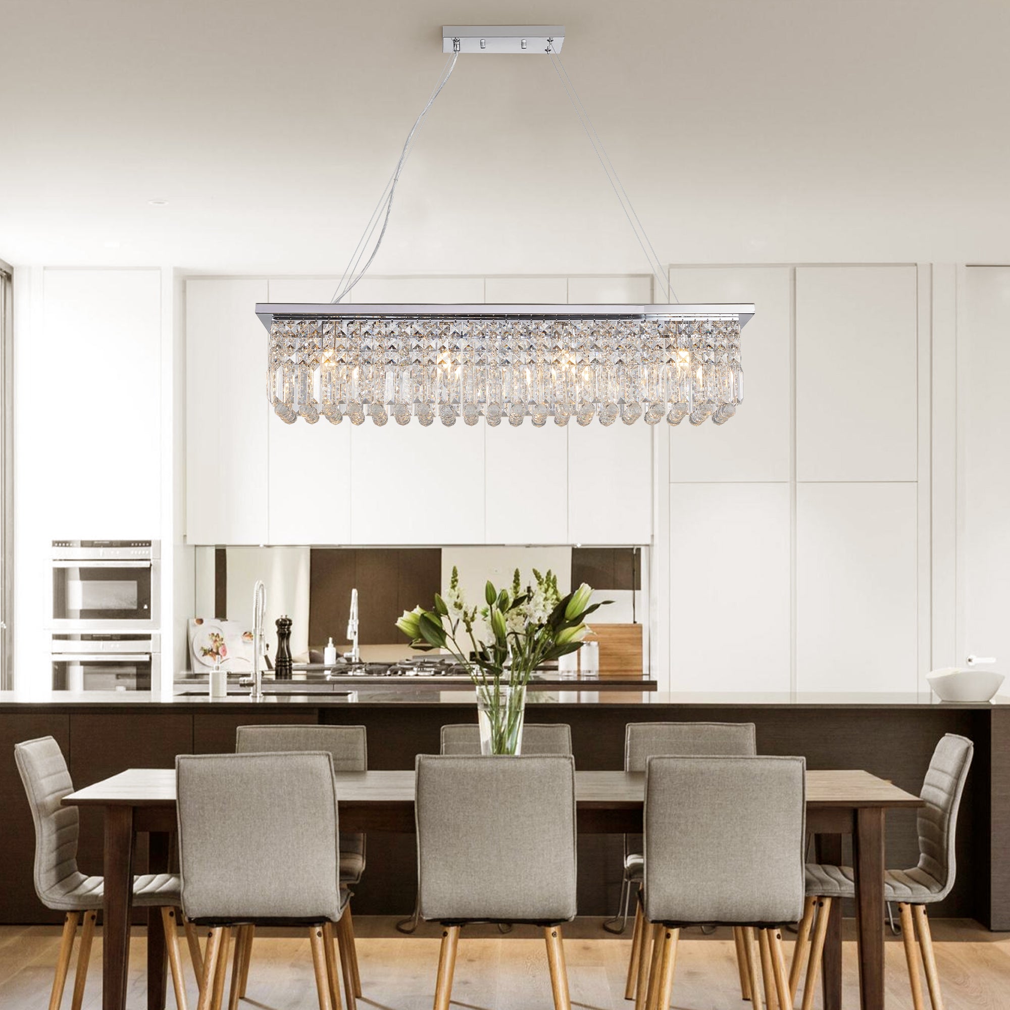 Chandelier, 8-Light Rectangular Crystal, Chrome Finish