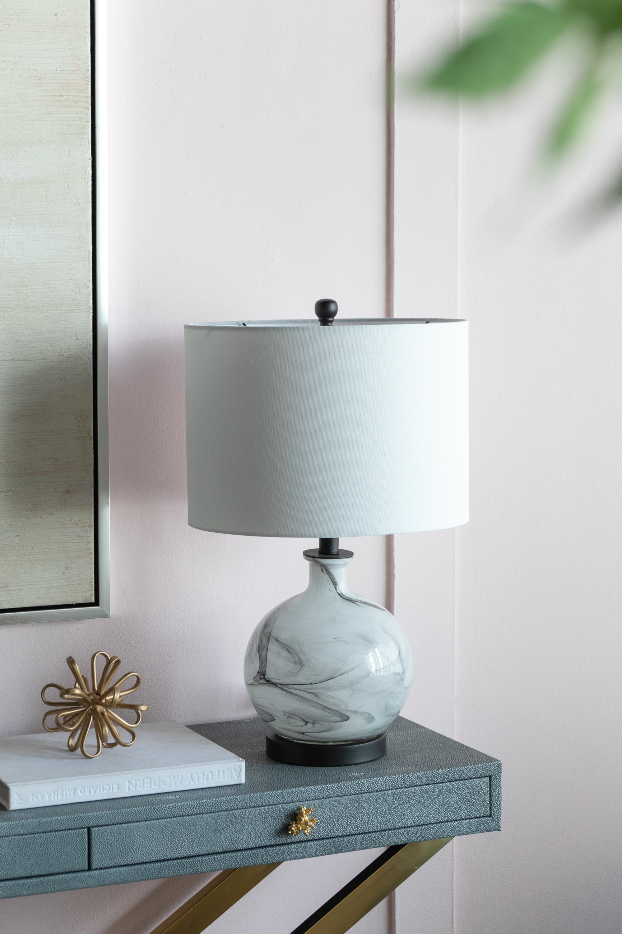 Glass Table Lamp, White and Gray