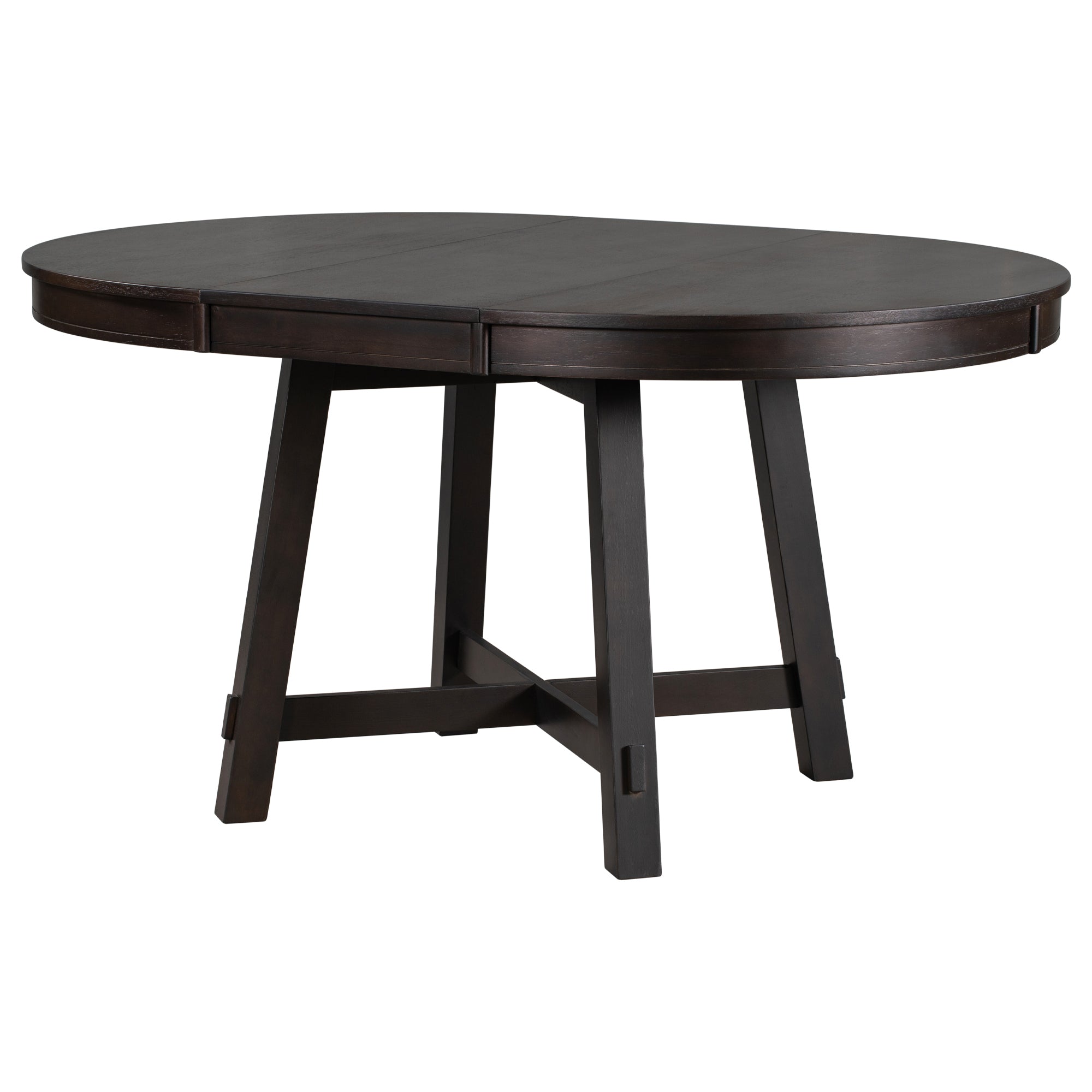 Espresso round extendable dining table shown extended to an oval, three-quarter view on white studio background