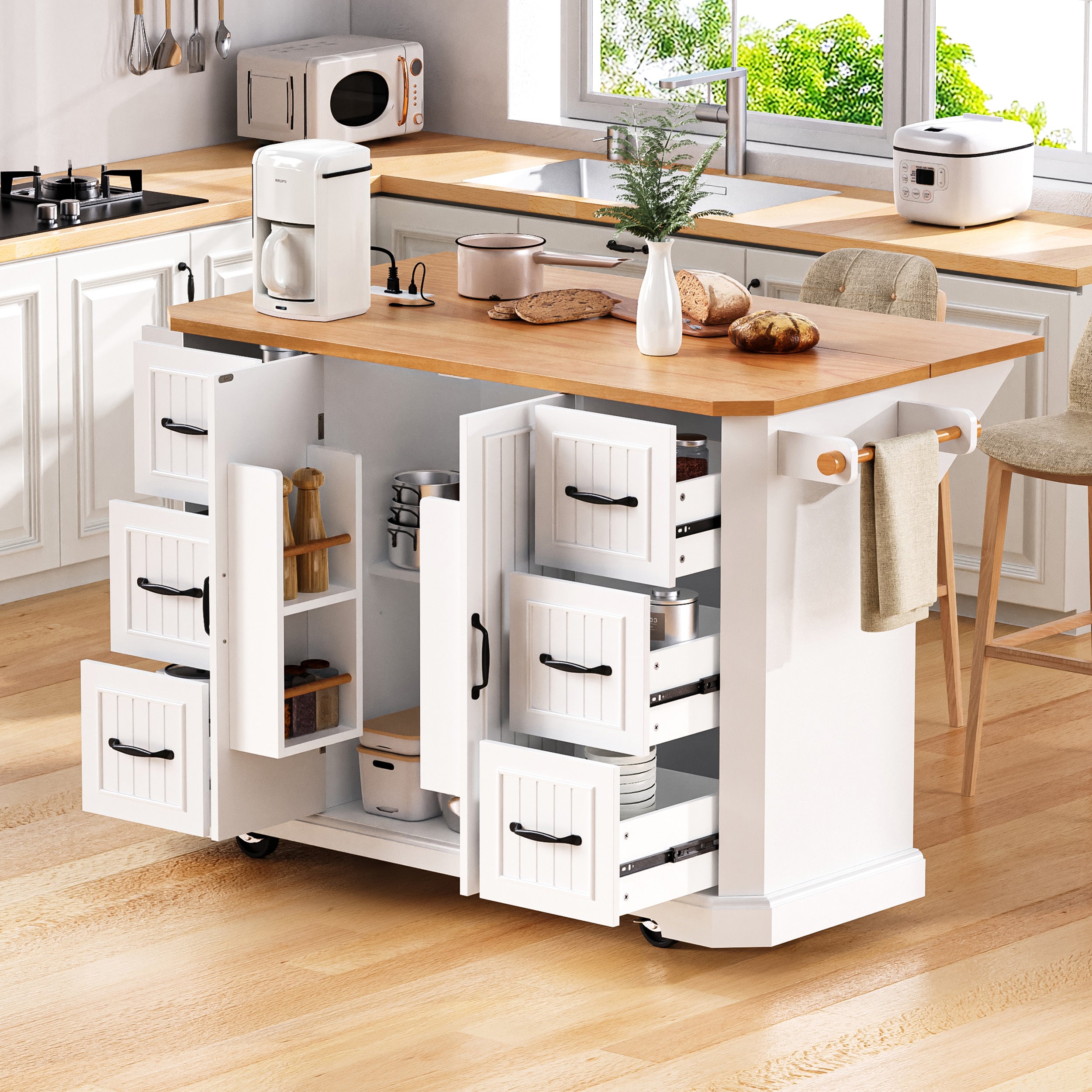 White Kitchen Island with Drop Leaf, 6 Drawers & Barn Doors